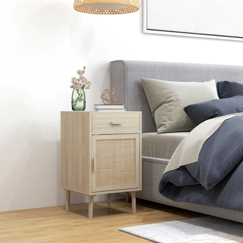 Set 2 Comodini per Camera da Letto con Cassetto e Anta 40x40x68,5 cm in Rattan Stile Boho Naturale