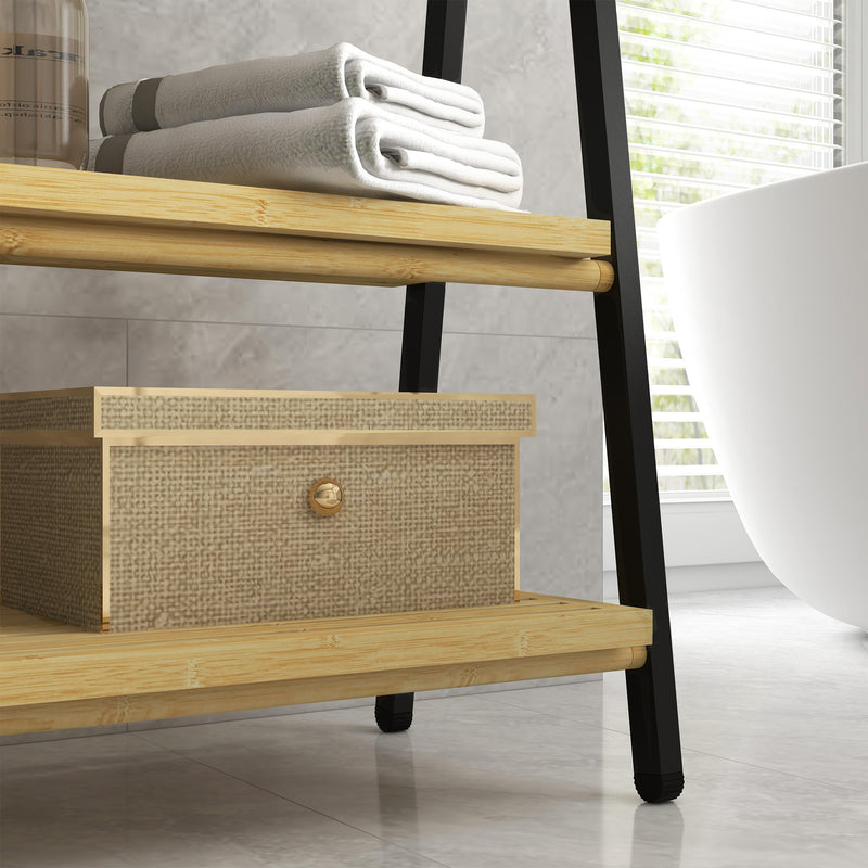 Portasciugamani da Terra Pieghevole 3 Barre e 3 Ripiani 53x31x153 cm in Bambù e Acciaio Nero