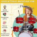 Batteria Musicale Giocattolo per Bambini Grancassa 4 Tamburi e Piatti con Bacchette e Sgabello Rosso  