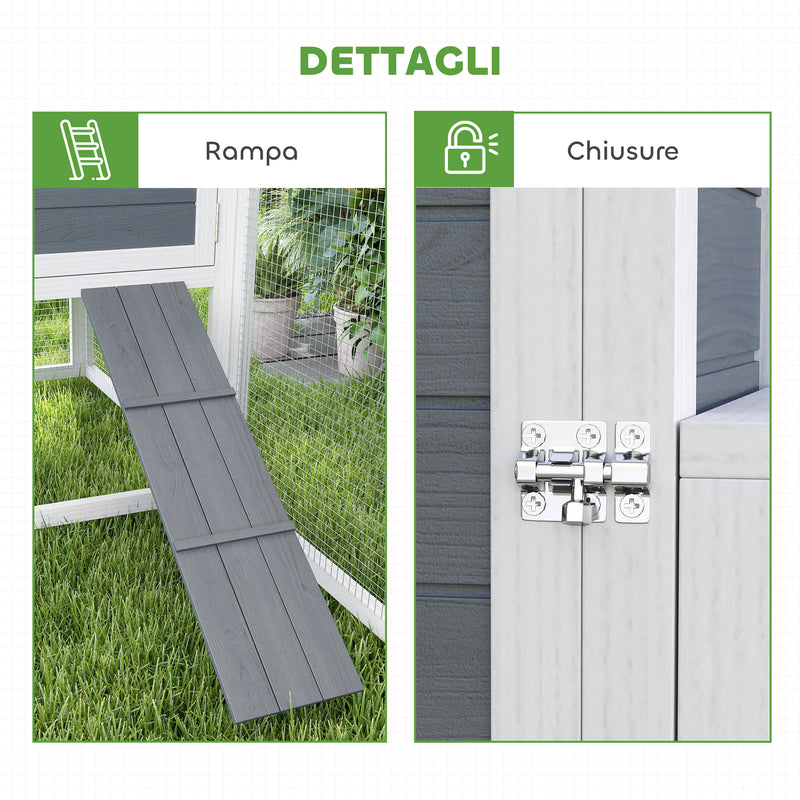 Pollaio da Giardino con Nido per Cova e Area Esterna 214x101x 91,5 cm Grigio  