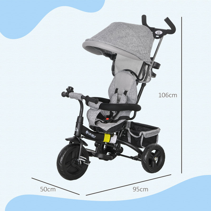 Triciclo per Bambini con Maniglione 6 in 1 Tettuccio Regolabile e Cintura di Sicurezza Grigio-3