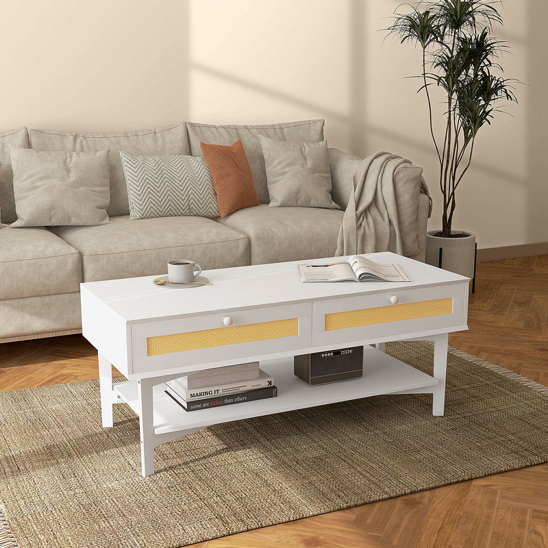 Tavolino da Caffè Boho con 2 Cassetti e Ripiano 120x50x50 cm in Rattan e Truciolato Bianco e Legno-2