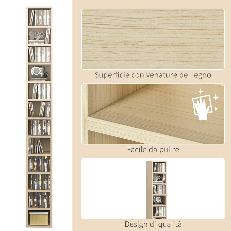 Mobile Libreria Porta CD a 12 Ripiani per 204 CD 21x20x175 cm in MDF e Truciolato Naturale
