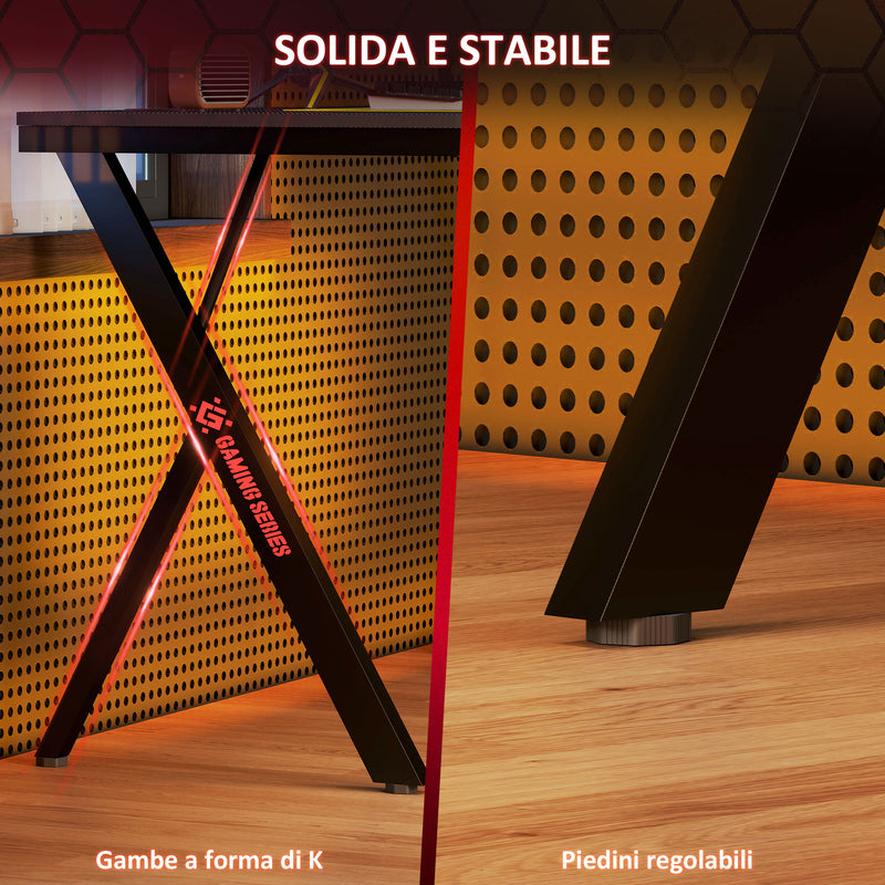 Scrivania Gaming 120x60x75 cm con Luci LED RGB Gambe a K in Legno e Acciaio Nero 