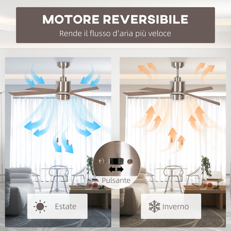Ventilatore da Soffitto con Luce LED Ø130 cm 3 Velocità e Motore Reversibile Argento e Legno