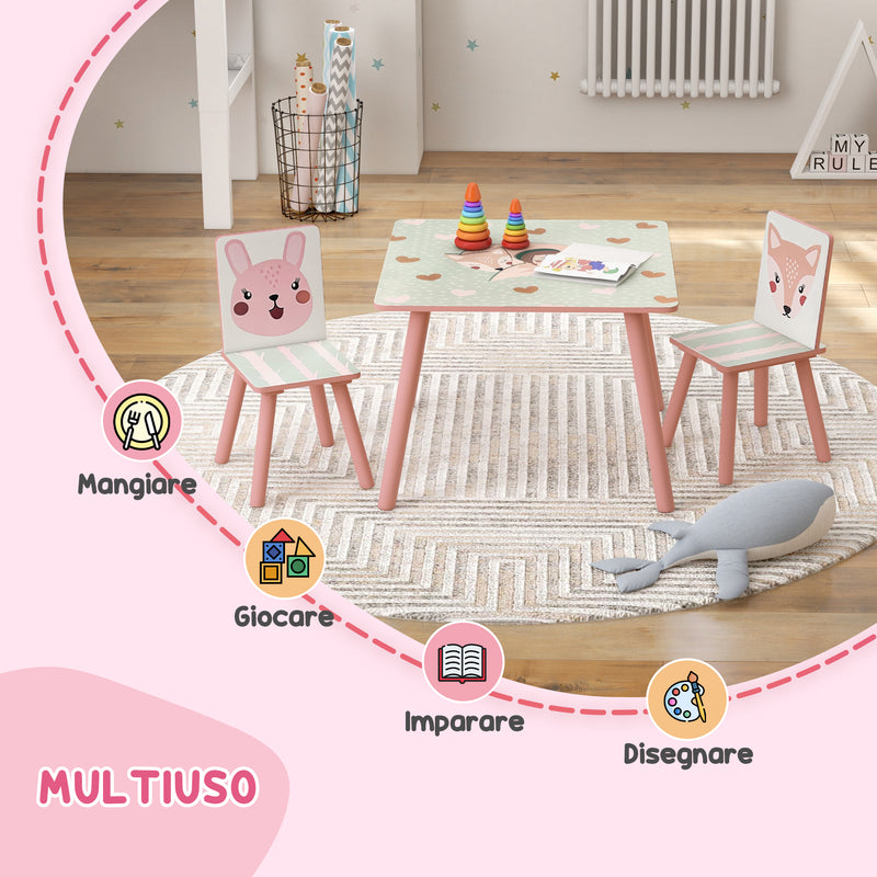Set Tavolo con 2 Sedie per Bambini in Legno di Pino e MDF Rosa
