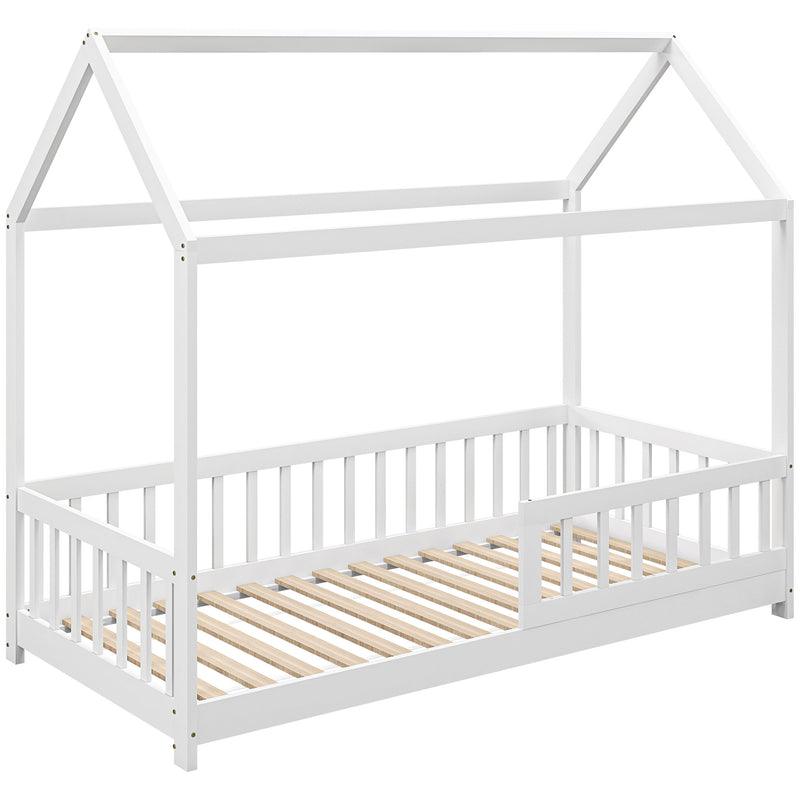 Letto Singolo per Bambini Casetta 96x195x165 cm con Doghe e Recinzione in Legno di Pino Bianco 