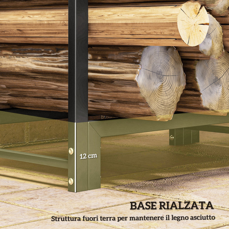 Portalegna per Camino da Esterno a 2 Sezioni 123x32x115 cm con Ganci e Anelli in Acciaio Verniciato Nero