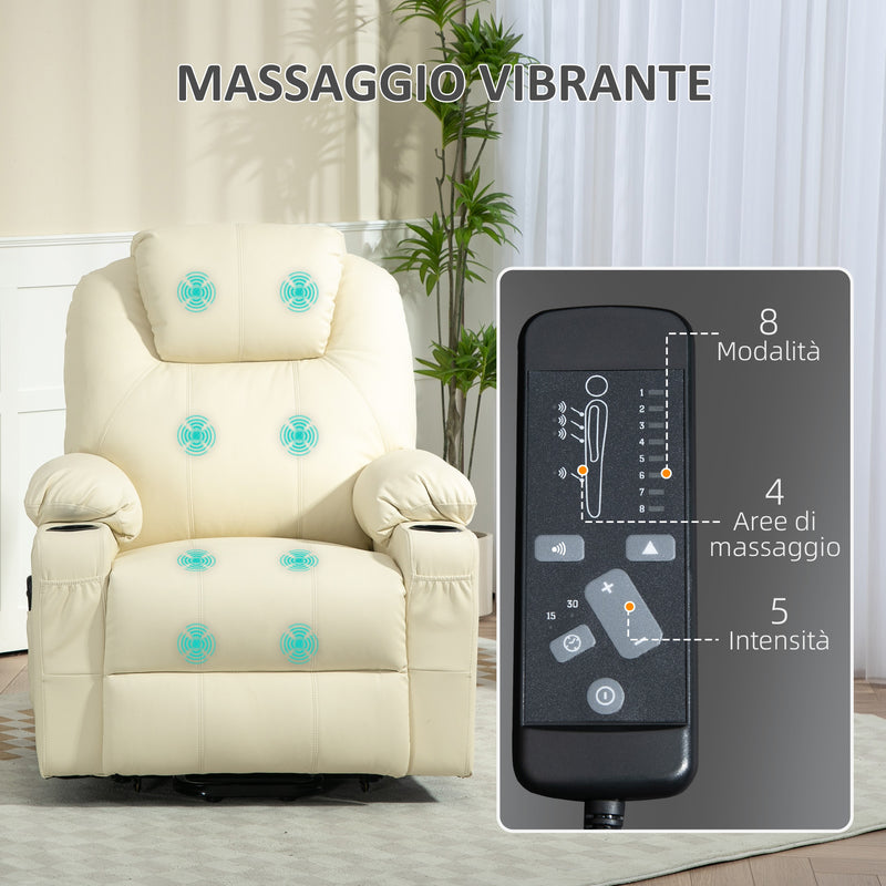 Poltrona Alzapersona Reclinabile con 8 Punti Massaggio e Telecomando Crema  