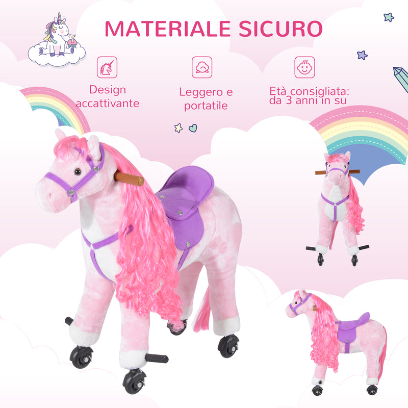 Cavallo a Dondolo per Bambini 65x28x75 cm con Rotelle Suoni e Poggiapiedi Rosa