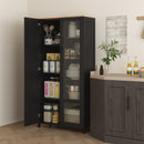 Credenza Stile Moderno Mobile Alto a 9 Ripiani Regolabili con Ante in Vetro 76x36x160 cm Nero e color Legno  