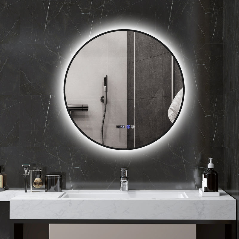 Specchio Bagno con Luce LED a 3 Tonalità Ø70 cm Antiappannamento e Display Tempo e Temperatura Nero   