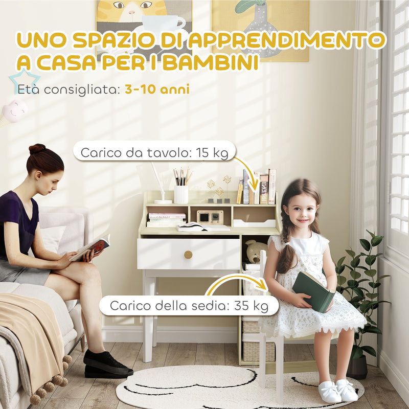 Banco Scuola per Bambini con Scaffali e Cassetto Bianco e Legno   