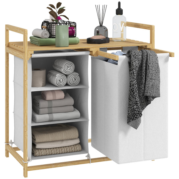 Cesto Portabiancheria 70x36x70 cm con 2 Borse Estraibili e Ripiano in Bambù Bianco prezzo