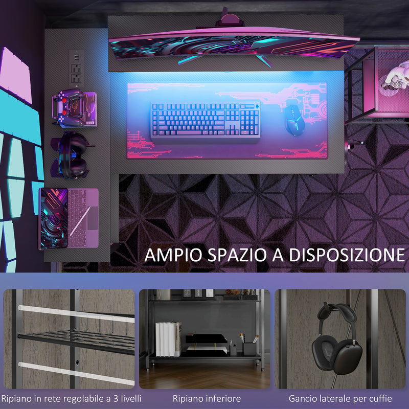 Scrivania Angolare Reversibile LED integrati Prese USB Ripiani e Supporto Monitor Nero 