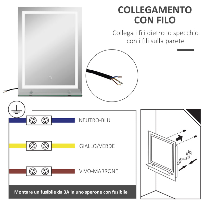 Specchio Bagno a Parete Cornice Luce LED a 3 Colori Mensola in Vetro 50x12x70 cm 