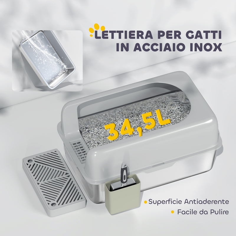 Lettiera per Gatti con Gradino 60,2x40,6x29 cm in Acciaio Inox e ABS Grigio Chiaro   