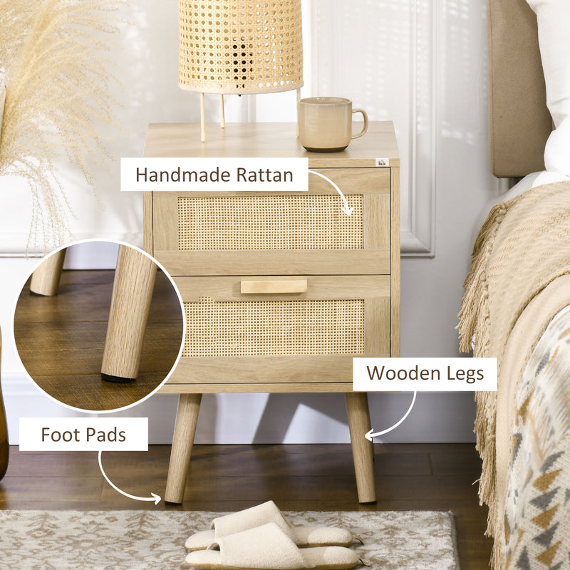 Set 2 Comodini con 2 Cassetti 40x40x56 cm in Legno e Rattan Naturale