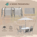 Set Tavolo con Top in Vetro 6 Sedie Pieghevoli e Ombrellone a Manovella da Giardino in Metallo e Rete Grigio-5