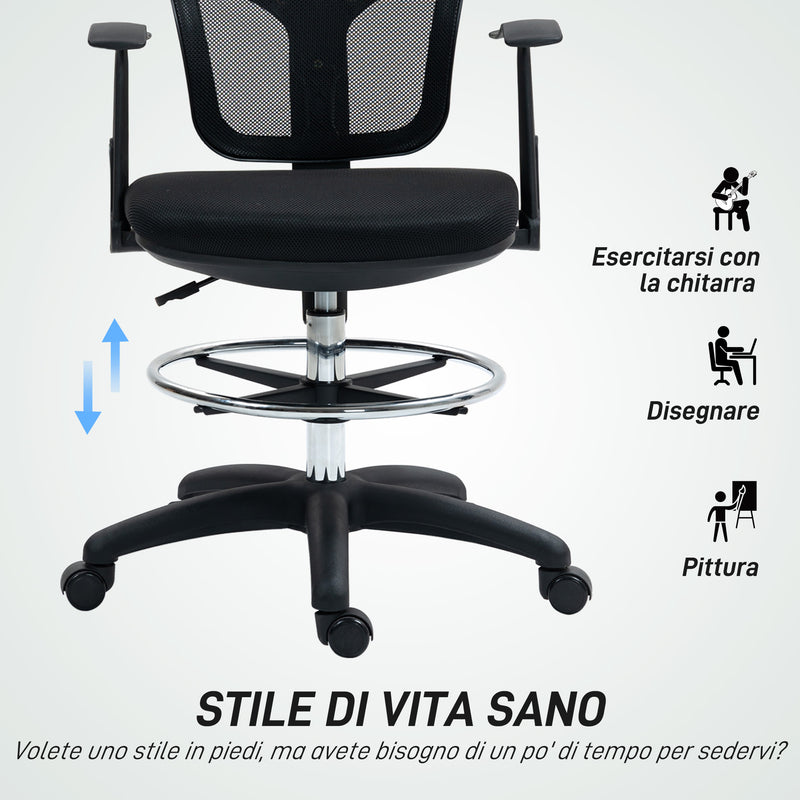 Sedia Girevole 55x58x94 cm con Anello Poggiapiedi e Schienale Ricurvo Nero  