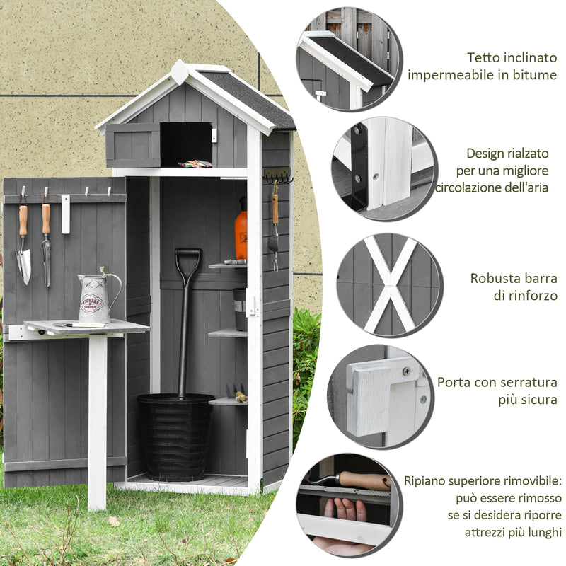 Casetta Box da Giardino Porta Attrezzi 78x52,5x182 cm con Ripiano Rimovibile e Tavolo da Lavoro in Abete  Grigia