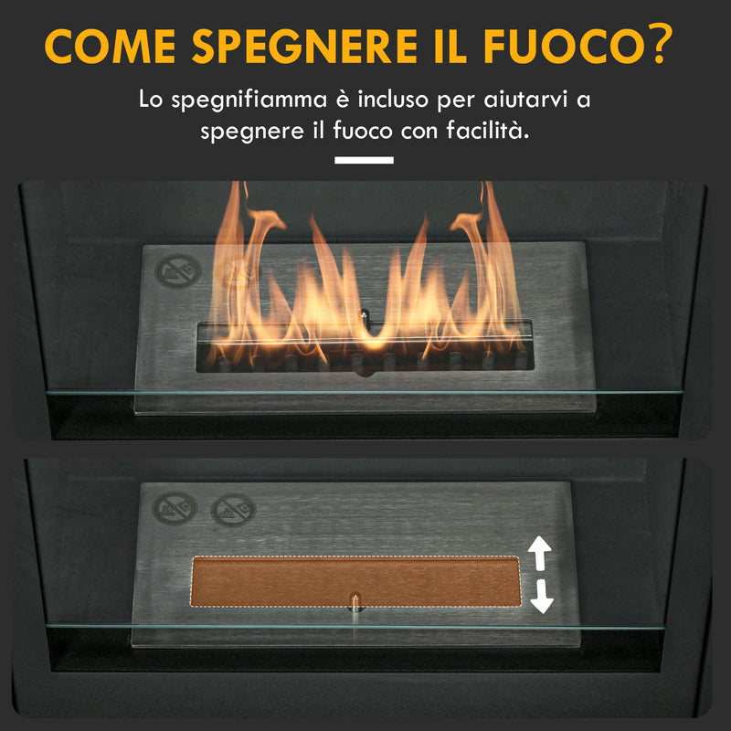 Camino a Bioetanolo da Pavimento 73x20x75 cm Bruciatore da 0,9L in Acciaio Verniciato  Nero Opaco 