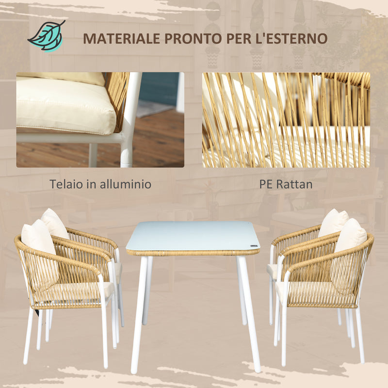 Set Tavolo con Top in Vetro 4 Sedie Impilabili da Giardino in Rattan PE e Alluminio Giallo-5