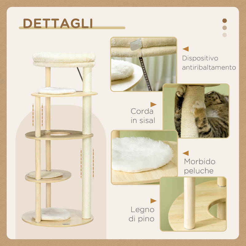 Tiragraffi per Gatti a Torre Ø54x123,5 cm con Letto e Posatoi in Truciolato e Legno di Pino Rovere