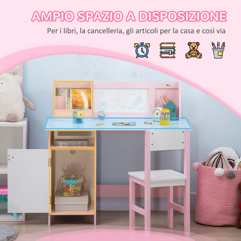 Banco Scuola per Bambini con Sedia in Legno Bianco e Rosa  