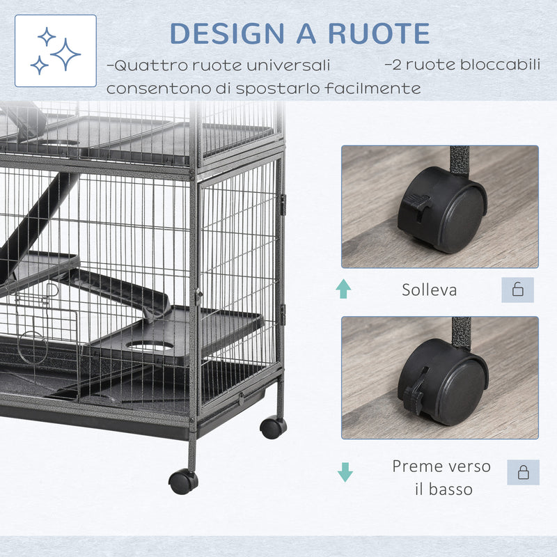 Gabbia per Conigli a 5 Livelli con 4 Ingressi e Amaca 80x52x128 cm in Metallo e PP Argento e Nero