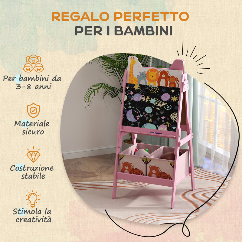Lavagna Bianca e Nera per Bambini con Cavalletto e Cestini Contenitori 53,5x49x113 cm in Legno Rosa