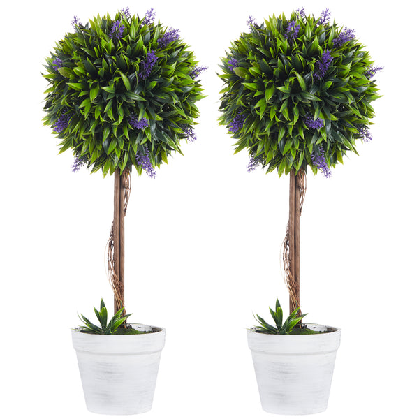 sconto Set 2 Piante Artificiali Ø24x60 cm Verdi a Sfera con Fiori di Lavanda e Vaso con Muschio e Cemento