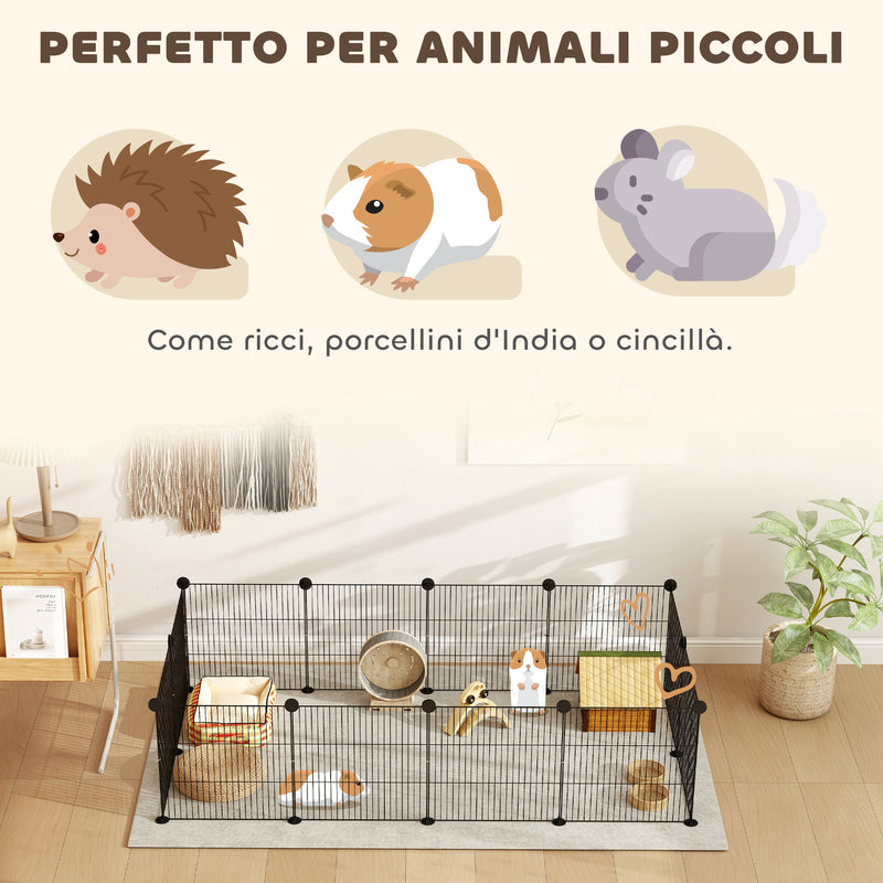 Recinto per Animali Modulabile e Multilivello 140x70x35 cm con 12 Pannelli e Bordi Arrotondati in Metallo e ABS Nero   
