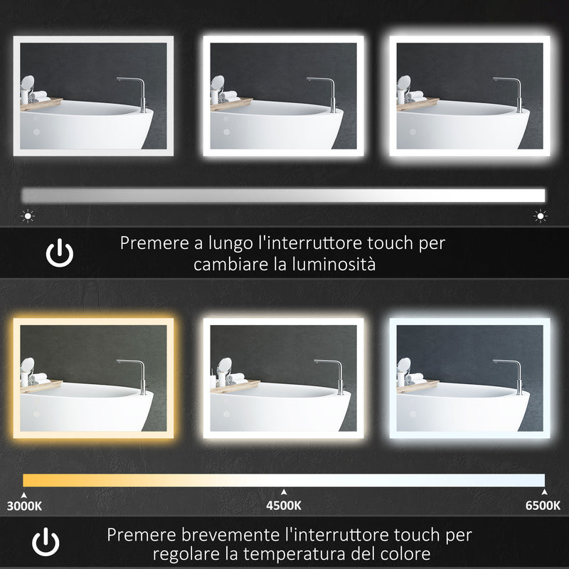 Specchio Bagno con Luci LED  3 Tonalità 70x50 cm Controllo Touch e Design Antiappannamento   