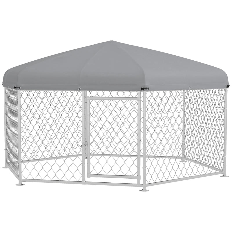 Recinto per Cani Taglia Grande 2,1x1,85x1,5m Tetto in Tessuto Oxford Anti UV Argento e Grigio