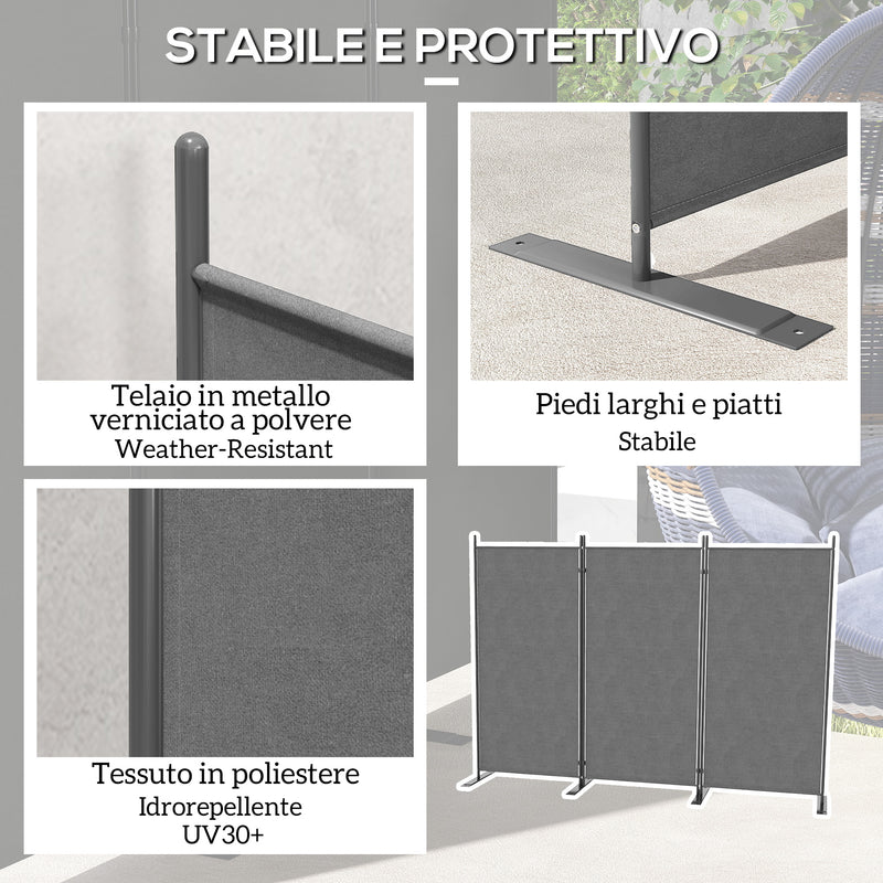 Paravento Separè da Esterno 3 Pannelli 252x44x176 cm Pieghevole e Regolabile in Poliestere Grigio Carbone  