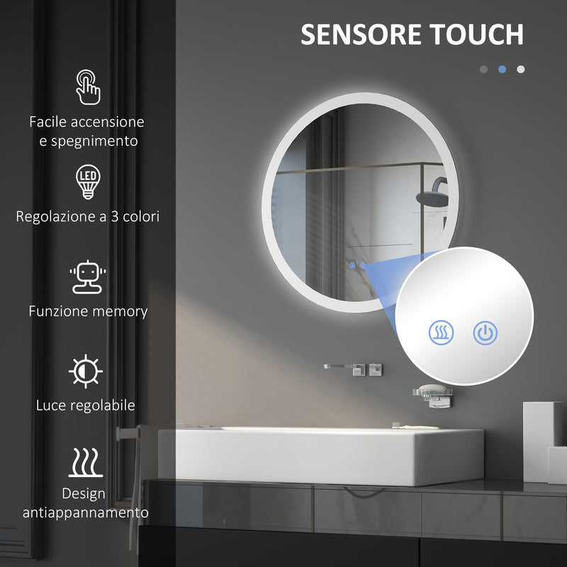 Specchio Bagno con Luci LED 3 Tonalità Ø60 cm Controllo Touch e Design Antiappannamento   
