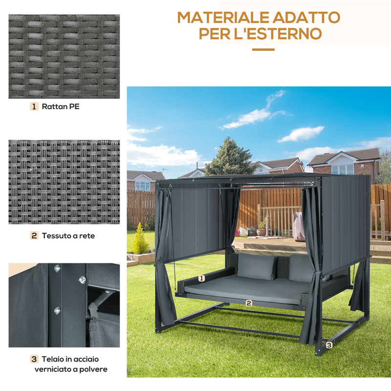 Dondolo Lettino con Pergola da Giardino 235x180x210 cm in Acciaio e Rattan PE Grigio Scuro