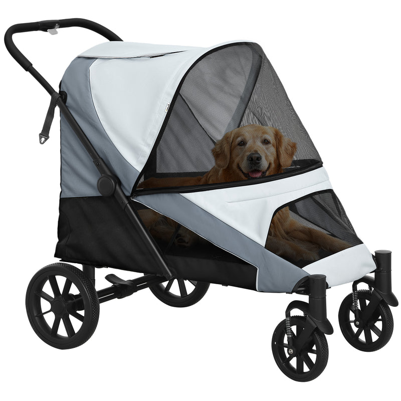 Passeggino per Cani Taglia Grande 124x67x100 cm Pieghevole con Finestre a Rete e Guinzagli Grigio  