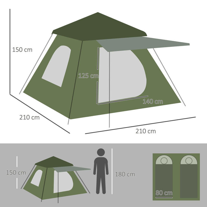 Tenda da Campeggio per 2 Persone Impermeabile 210x210x150 cm con Veranda Verde   