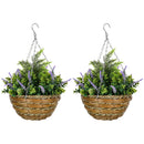 Set 2 Piante Artificiali di Lavanda Ø25x34 cm con Vaso e Gancio in PE e Vimini Verde e Viola 