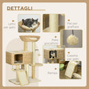 Albero Tiragraffi per Gatti con Casetta e Trespolo 60x40x98 cm in Legno e Poliestere Marrone e Beige 
