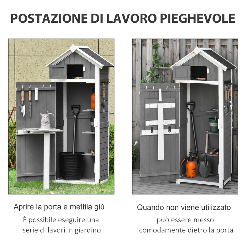 Casetta Box da Giardino Porta Attrezzi 78x52,5x182 cm con Ripiano Rimovibile e Tavolo da Lavoro in Abete  Grigia