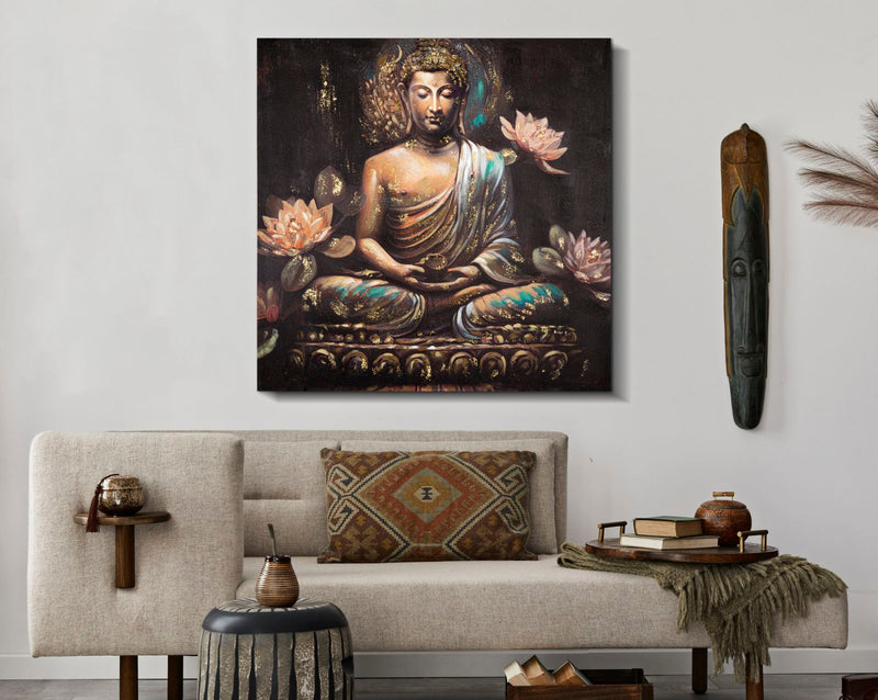 Dipinto su Tela Buddha 100x100x3 cm Cornice in Legno di Pino Multicolor-5