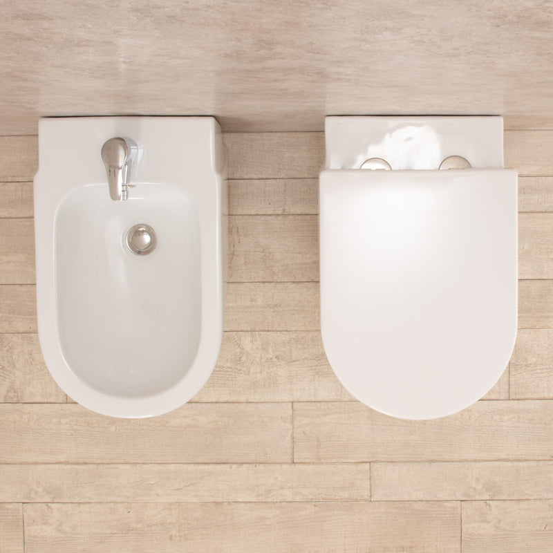 Coppia di Sanitari WC e Bidet  a Terra Filo Muro in Ceramica Bianchi-2