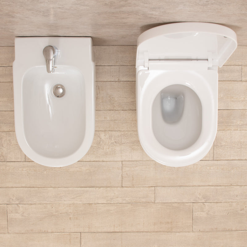 Coppia di Sanitari WC e Bidet  a Terra Filo Muro in Ceramica Bianchi-6