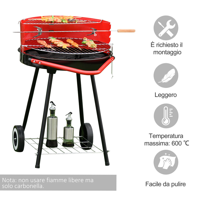 Barbecue a Carbone Carbonella con Ruote Nero e Rosso 67x51x82 cm -4