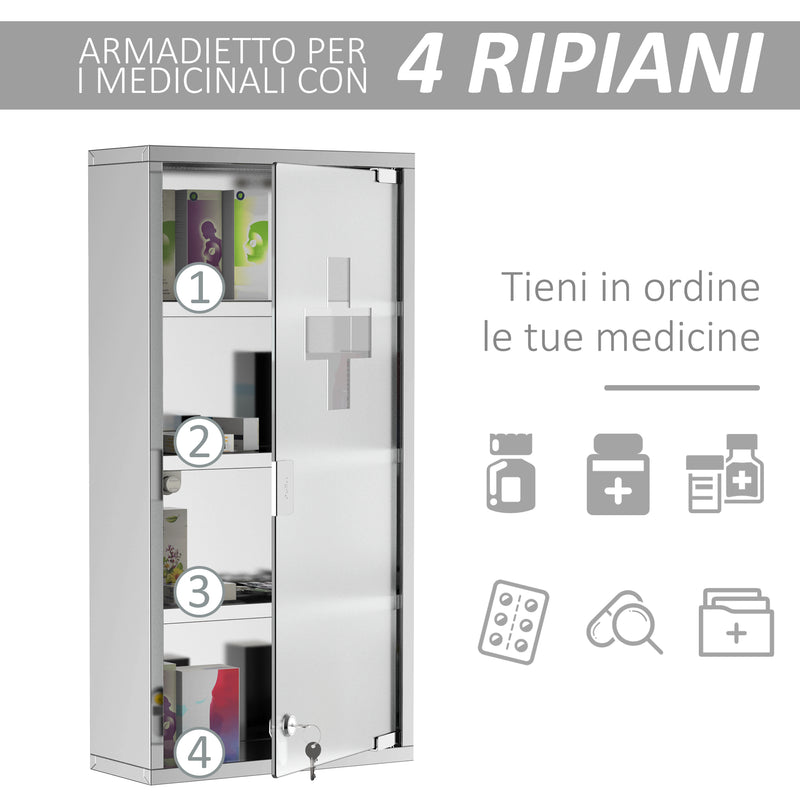 Armadietto per Medicinali - 4 Ripiani, Porta di Vetro, con 2 Chiavi,  30x12x60cm, Acciaio, da Bagno - Pensile