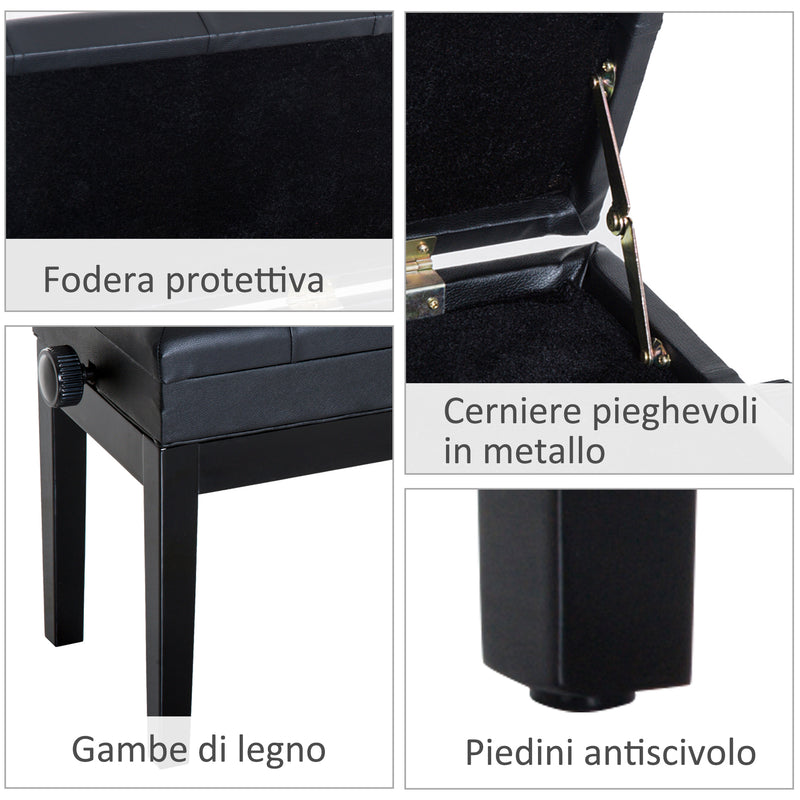 Panca Sgabello per Pianoforte con vano portaoggetti altezza regolabile 54.5x33x48-58 cm Nero -6