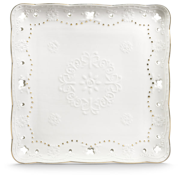 online Piatto Quadrato 25,5x25,5 cm Traforato in Porcellana Kaleidos Charme Filo Oro